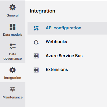 Sidebar menu showing options: General, Data models, Data governance, Integration, Maintenance. "API configuration" is selected under Integration.