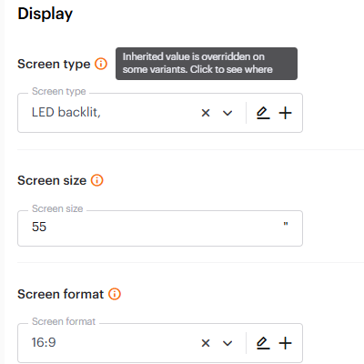 Interface for technical attributes displaying options for display: LED-backlit screen type, 55-inch screen size and 16:9 aspect ratio.