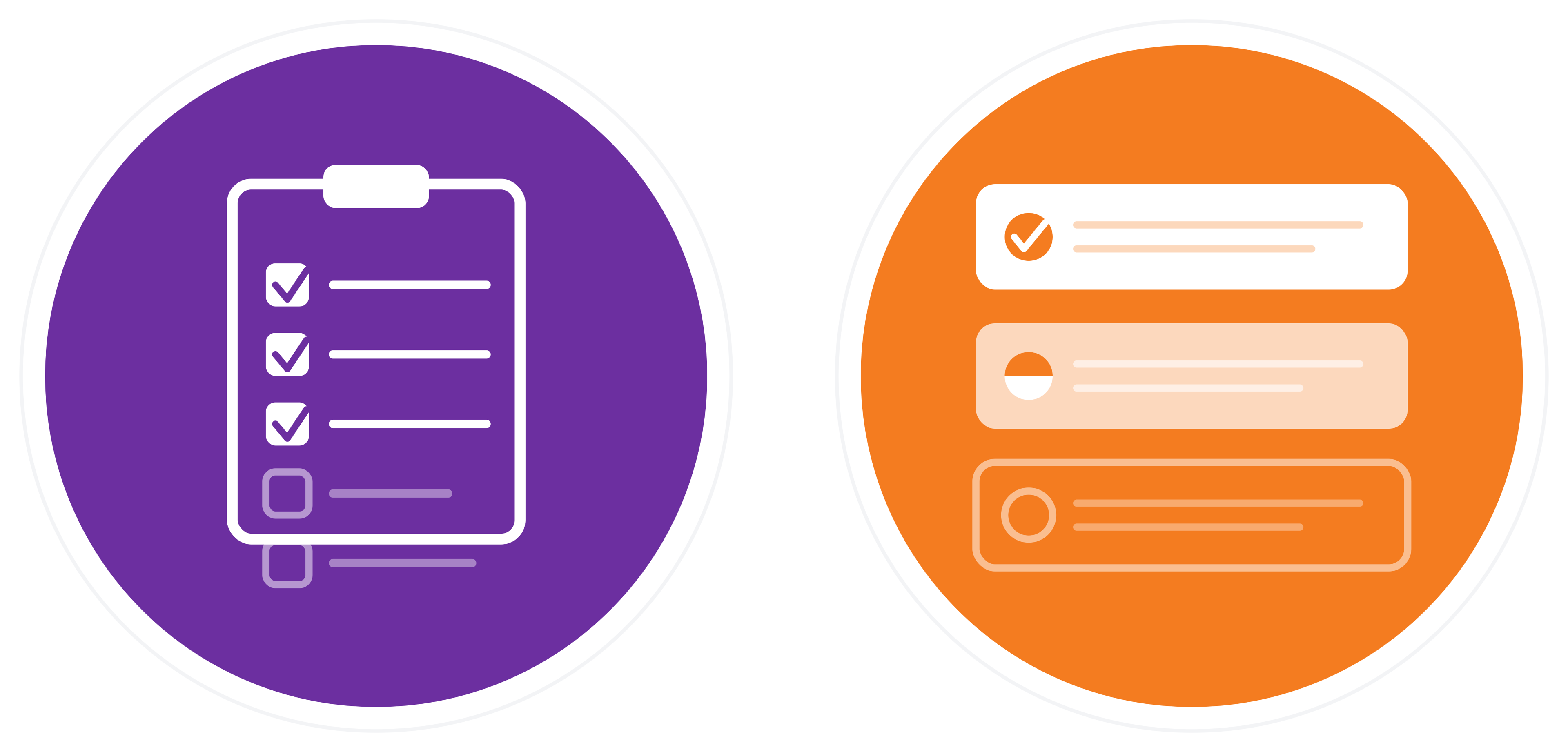 Två runda ikoner: en lila ikon med en checklista på ett skrivunderlägg, och en orange ikon med en lista över uppgifter och framstegsindikatorer.