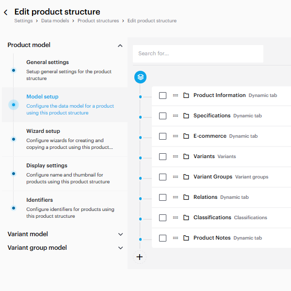 Gränssnitt där man justerar produktstrukturen i Struct med avsnitt för modellinställningar, specifikationer, varianter och produktinformation till höger.