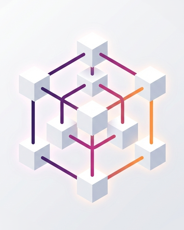 En geometrisk 3D-kubstruktur med sammankopplade vita kuber och gradientfärgade stavar mot en ljusgrå bakgrund.