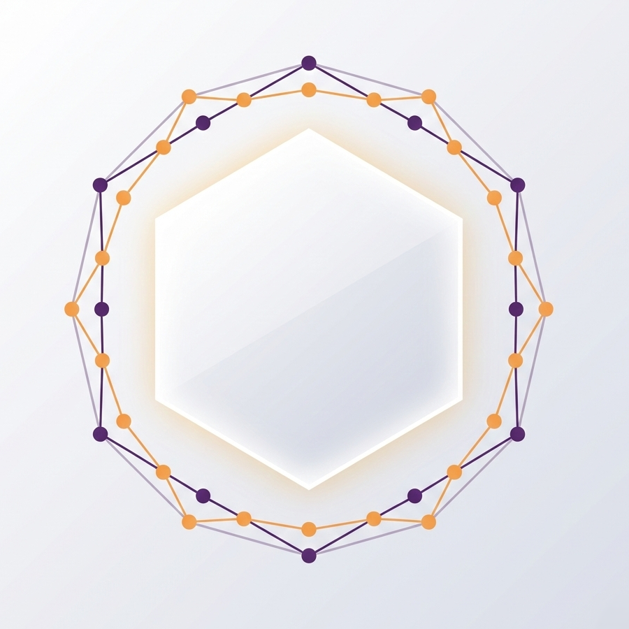 Hexagonal form omgiven av ett nätverk av sammanlänkade lila och orangea punkter på en ljus bakgrund.