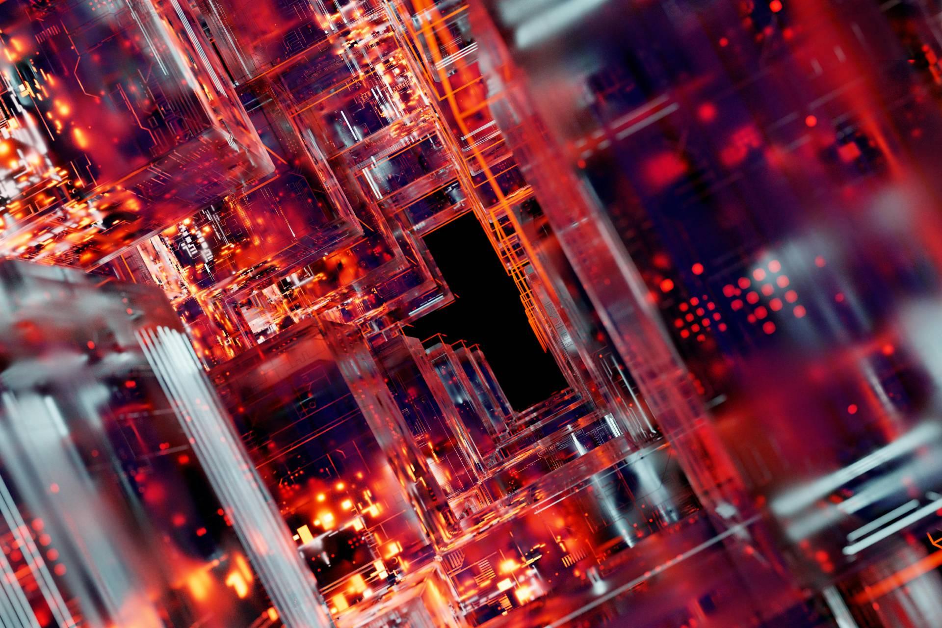 Abstrakt bild med ett komplext arrangemang av transparenta och lysande röd-orange kuber.