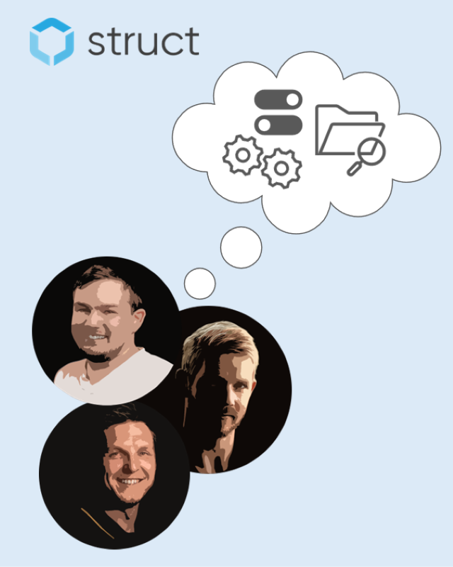 Three system developers thinking of the Struct PIM system, Struct logotype.