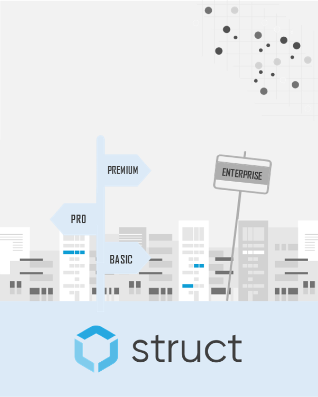 Stiliserad stadssilhuett med en skylt märkt Basic, Pro, Premium, en lutande Enterprise-skylt och en blå "struct"-logotyp längst ner.